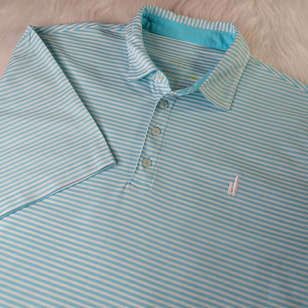 Johnnie-O Polo Shirt Mens XL Light Blue White Striped Performance Short Sleeve